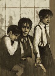  3boys black_eyes black_hair black_shorts child ciel_phantomhive ciel_phantomhive&#039;s_brother collared_shirt ecler_ecler expressionless highres holding_hands kuroshitsuji limited_palette looking_at_viewer male_focus multiple_boys people sebastian_michaelis sepia shirt short_hair shorts silhouette sitting suspenders white_shirt window 