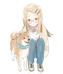  1girl animal bandana blonde_hair blue_bandana blue_pants blush brown-framed_eyewear brown_cardigan cardigan chain chain_necklace closed_mouth colored_eyelashes dog full_body gakuen_idolmaster glasses grey_hair hair_ornament hairclip hand_up highres idolmaster jewelry knees_up light_smile long_hair long_sleeves looking_at_animal multicolored_hair necklace nprmtp open_cardigan open_clothes orange_eyes pants parallel_hairclips parted_hair petting round_eyewear semi-rimless_eyewear shiba_inu shinosawa_hiro shirt shoes simple_background sitting sneakers solo under-rim_eyewear white_background white_shirt 