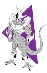 1boy araaaa453 clenched_hands cooler_(dragon_ball) covered_mouth dragon_ball dragon_ball_z full_body greyscale greyscale_with_colored_background highres monochrome partially_colored purple_background simple_background solo white_background 