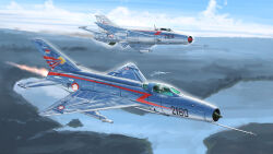  1other absurdres afterburner air-to-air_missile aircraft airplane blue_sky canopy_(aircraft) clouds cockpit commentary_request day fighter_jet flight_suit helmet highres indonesian_air_force indonesian_flag k-13_vympel kudryavka_trop mig-21 military military_vehicle missile missile_pod original outdoors oxygen_mask pilot pilot_helmet roundel signature sky smoke vehicle_focus water 