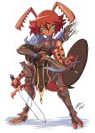  1girl antennae armor bigdead93 bikini_armor borrowed_character bow_(weapon) breasts crossbow dual_wielding extra_arms eyebrows full_body greaves green_eyes highres insect_girl loincloth no_pupils original pauldrons red_skin redhead shield solo sword vambraces weapon 