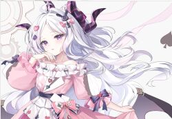  1girl ahoge alternate_costume apron bare_shoulders blue_archive bow clothes_lift collarbone commentary_request demon_girl demon_horns demon_wings dress dress_lift forehead frilled_apron frilled_dress frills gear_background guzangnanfeng hair_bow hair_ornament head_tilt heart heart_hair_ornament hina_(blue_archive) horns long_hair long_sleeves looking_at_viewer parted_bangs parted_lips pink_dress rabbit_hair_ornament sidelocks simple_background solo spade_hair_ornament violet_eyes wavy_hair white_apron white_background white_hair wings 