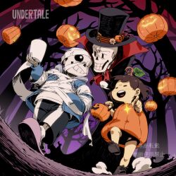  1other 2023 2boys 2d ambiguous_gender anime_coloring ankle_boots artist_logo artist_name ascot black_cloak black_hat black_shorts blue_jacket blue_shirt boots brothers brown_boots brown_hair child cloak copyright_name cosplay digital_media double_horizontal_stripe frisk_(undertale) from_below grey_hood halloween halloween_bucket halloween_costume hand_in_pocket hat height_difference holding holding_bucket hollow_eyes hood hood_down hooded_jacket horizontal-striped_clothes human humanoid jack-o&#039;-lantern jacket kamezaemon lantern leaning_forward looking_at_another male monster monster_boy multiple_boys one_eye_closed open_clothes open_jacket papyrus_(undertale) pink_slippers pink_stripes pointing pointing_at_viewer pumpkin_costume red_ascot red_boots sans_(undertale) shirt short_hair shorts siblings single_vertical_stripe skeleton slippers socks sparkle striped_clothes striped_shirt striped_shorts teeth text top_hat tree trio two-tone_shirt undead undertale utdr_(toby_fox) vertical-striped_clothes vertical-striped_shorts walking white_shirt white_socks white_stripes 