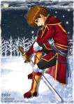  1boy artist_request boots brown_hair character_name clouds cloudy_sky coat copyright_name edward_(fire_emblem) fire_emblem fire_emblem:_akatsuki_no_megami forest full_moon gloves long_sleeves looking_down moon nature night night_sky pants sky snow snowflakes snowing solo sword weapon 