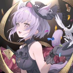  1girl :d absurdres animal_ear_fluff animal_ears arknights ascot bang_dream! bang_dream!_it&#039;s_mygo!!!!! bare_shoulders bird black_ascot black_dress black_gloves card cat_ears cat_girl cat_tail chinese_commentary commentary_request confetti dove dress ears_through_headwear feathers flower from_hat_trick gloves hat he_gou_pin_hao_fan highres holding holding_unworn_clothes holding_unworn_hat looking_at_viewer magician open_mouth playing_card purple_hair red_flower red_rose rose short_hair smile solo spotlight tail unworn_hat unworn_headwear upper_body violet_eyes yuutenji_nyamu yuutenji_nyamu_(magician_of_passion) 
