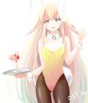  1girl artist_request blonde_hair breasts bunnysuit cuffs detached_collar food ice_cream large_breasts long_hair multicolored_hair original pantyhose smile solo sundae tray very_long_hair wrist_cuffs 