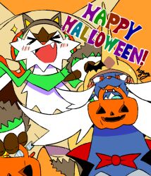  &gt;_&lt; 2others blush chesnaught commentary_request english_text facing_viewer haguruma_(factry-13243546) halloween halloween_bucket happy_halloween holding holding_pumpkin jack-o&#039;-lantern looking_at_viewer multiple_others no_humans orange_background pokemon pokemon_(creature) pumpkin red_eyes samurott signature sparkle 