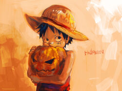  1boy aged_down bandaid bandaid_on_face black_hair child commentary halloween hat holding holding_pumpkin looking_to_the_side male_focus monkey_d._luffy one_piece pumpkin red_shirt scar scar_on_face shirt solo straw_hat tsuyomaru upper_body 
