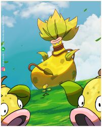  absurdres bellsprout blue_sky border closed_mouth clouds commentary day deviantart_logo deviantart_username evolutionary_line grass highres instagram_logo instagram_username leaf mega_pokemon mega_victreebel no_humans open_mouth outdoors pink_lips plant pokemon pokemon_(creature) pokemon_focus sky trainerlouie victreebel vines weepinbell white_border 