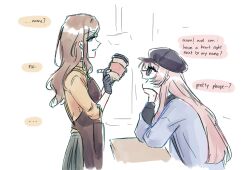  2girls apron bang_dream! bang_dream!_it&#039;s_mygo!!!!! barista black_gloves black_hat black_shirt blue_jacket brown_apron brown_hair chihaya_anon commentary cup disposable_cup english_commentary english_text fang gloves hat head_rest holding holding_cup holding_marker jacket long_hair marker multiple_girls nagasaki_soyo niigouki open_mouth pink_hair shirt sidelocks skin_fang sunglasses yellow_shirt 