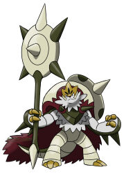 1other artist_name chesnaught claws closed_mouth english_commentary highres holding holding_polearm holding_weapon looking_at_viewer mega_chesnaught no_humans pokemon pokemon_(creature) pokemon_legends:_z-a polearm sam_(wolfbetweenrivers) sugimori_ken_(style) tail weapon white_background