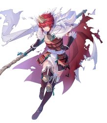  1girl armor cape clenched_teeth damaged fire_emblem fire_emblem_fates fire_emblem_heroes highres hinoka_(fire_emblem) hinoka_(warrior_of_gusto)_(fire_emblem) holding holding_polearm holding_weapon japanese_armor naginata non-web_source official_alternate_costume official_art polearm red_cape red_eyes red_hair short_hair solo teeth torn_clothes two-sided_cape two-sided_fabric v-shaped_eyebrows weapon white_cape 