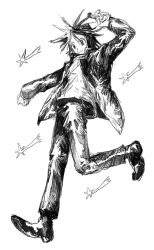  1boy boxcutter commentary denpa_shougai full_body gakuran greyscale highres holding holding_boxcutter jacket male_focus monochrome open_clothes open_jacket randal&#039;s_friends school_uniform shooting_star short_hair simple_background tsukada_satoru white_background 