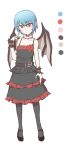  1girl alternate_costume bat_wings belt blue_hair blush character_sheet color_palette commentary dress flat_chest kuroba_rapid lapel_flower looking_at_viewer mary_janes pantyhose pointy_ears red_eyes remilia_scarlet shoes short_hair smile solo touhou very_short_hair wings wrist_cuffs 