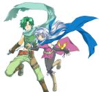  1boy 1girl :d bare_shoulders belt bird bird_on_arm black_gloves black_legwear blue_scarf boots dress elbow_gloves fingerless_gloves fire_emblem fire_emblem:_akatsuki_no_megami gloves green_eyes green_hair hair_ribbon half_updo kizuki_miki long_hair micaiah midriff open_mouth pantyhose ribbon scarf side_slit silver_hair sleeveless sleeveless_dress smile sothe yellow_eyes yune 