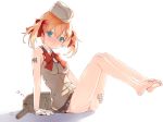  1girl arm_support ass barefoot blue_eyes blush bow feet full_body garrison_cap gloves hair_between_eyes hair_bow hat kuro_(kuronell) leaning_back legs_up long_hair looking_at_viewer metal_waltz orange_hair panzer_waltz parted_lips pleated_skirt red_bow red_bowtie sitting skirt sleeveless solo tattoo thigh_grab twintails white_gloves zzz 