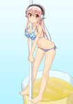  1girl between_breasts bikini blush breasts commentary_request cup drinking_glass drinking_straw glass headphones highres large_breasts long_hair looking_at_viewer minigirl miyabeeya navel nitroplus pink_hair red_eyes smile solo super_sonico swimsuit 