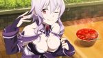  1girl breasts cleavage food game_cg looking_at_viewer mole mole_on_breast one_eye_closed purple_hair red_eyes smile solo strea sword_art_online sword_art_online:_hollow_fragment wet 