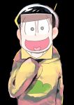  1boy black_background black_hair covering_face heart heart_in_mouth jyushimatsu male_focus osomatsu-kun osomatsu-san painting_(object) short_hair simple_background smile sweatshirt 