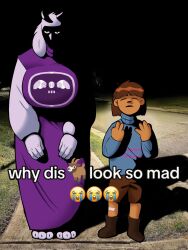 1girl 1other 2024 2d ambiguous_gender animal_ears ankle_boots anthro barefoot blue_shirt boots brown_boots brown_hair brown_shorts child delta_rune_(symbol) derivative_work digital_media double_horizontal_stripe droopy_ears duo emoji english_text fangs female floppy_ears frisk_(undertale) full_body furry furry_female goat goat_ears goat_girl goat_horns hands_up highres horizontal-striped_clothes horizontal-striped_shirt horns human long_sleeves mammal meme monster monster_girl photo-referenced photo_background pink_stripes purple_robe robe shaded_face shirt short_hair shorts side-by-side standing straight-on striped_clothes striped_shirt text toriel two-tone_shirt undertale utdr_(toby_fox) vaalgarth white_fur white_horns why_dis_ninja_look_so_mad_(meme)