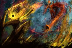  2boys absurdres animal armor battle coiled_sword elden_ring elden_ring:_shadow_of_the_erdtree emaciated fighting fighting_stance fire flaming_head full_body helmet highres holding holding_flame holding_sword holding_weapon lue_(llue_l) messmer_the_impaler midra_lord_of_frenzied_flame multiple_boys pyrokinesis rags red_hair red_robe red_shawl red_snake robe shawl sleeveless_tunic snake standing sword torn_clothes torn_robe weapon winged_helmet withered yellow_robe yellow_shawl 