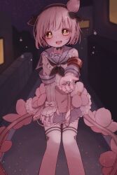 1girl blush bud fingerless_gloves flower_ornament gloves hair_ornament hairband highres key magical_girl mahou_shoujo_ikusei_keikaku pink_hair pleated_skirt qoo_1025 school_uniform short_hair skirt snow_white_(mahoiku) thigh-highs white_thighhighs yellow_eyes 
