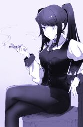  1girl cigarette collared_shirt holding_cigarette jill_stingray long_hair long_sleeves monochrome necktie open_mouth pantyhose purple_hair purple_vest simple_background sitting smoke smoking solo sweatdrop twintails va-11_hall-a vest 