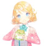  1girl :t bangs blonde_hair blue_bowtie blue_eyes bowtie bread cardigan chewing collared_shirt food food_on_face holding_food lace long_sleeves looking_at_viewer original saban shirt short_hair simple_background solo swept_bangs upper_body white_background white_shirt 
