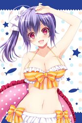  1girl :d ahoge bangs bikini bikini_skirt border bow breasts cleavage eyebrows eyebrows_visible_through_hair fish groin hair_between_eyes hair_bow hand_on_own_head happy innertube kuroe_(sugarberry) kurokami_medaka large_breasts long_hair looking_at_viewer medaka_box navel open_mouth polka_dot polka_dot_background purple_hair red_eyes side_ponytail smile solo star striped striped_bow swimsuit upper_body white_bow 