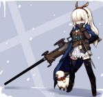  1girl animal_ears bell black_legwear boots bow character_request chibi fingerless_gloves gloves gun hairband long_hair monster_hunter null_(nyanpyoun) red_eyes revision ribbed_sweater rifle sheep skirt snow solo sweater thigh-highs thigh_boots weapon white_hair zettai_ryouiki 