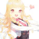  1girl :d bangs blonde_hair blurry bokeh buttons depth_of_field heart long_hair long_sleeves looking_at_viewer open_mouth original pink_necktie red_eyes saban shirt smile solo teeth upper_body very_long_hair vest white_shirt 