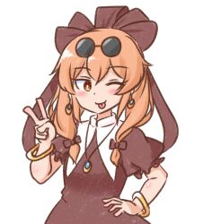  1girl ;p bangle blush bow bracelet bright_pupils brown_bow brown_dress brown_hair brown_ribbon closed_mouth commentary_request cosplay dot_nose dress earrings eyewear_on_head hair_bow hair_ribbon hand_on_own_hip jewelry kagiyama_hina kagiyama_hina_(cosplay) looking_at_viewer medium_hair mizusoba one_eye_closed pendant puffy_short_sleeves puffy_sleeves ribbon round_eyewear short_sleeves simple_background smile solo tongue tongue_out touhou v white_background white_pupils yellow_eyes yorigami_jo&#039;on 