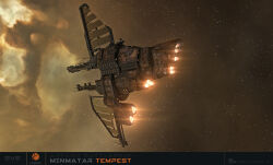  3d absurdres attack_ship_(eve_online) battleship_(eve_online) brown_background brown_theme clouds commentary company_logo company_name copyright_logo copyright_name dated english_commentary eve_online fire flying glowing highres logo maya_(medium) military_vehicle minmatar_logo_(eve_online) minmatar_republic_(eve_online) nebula no_humans outdoors radar radio_antenna realistic scenery science_fiction solar_panel space spacecraft star_(sky) starry_sky_background tempest_(eve_online) thrusters thukker_mix_(eve_online) vehicle_focus vehicle_name ymir_jonsson 