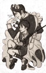  2boys apron assault_rifle black_eyes black_hair black_shorts black_socks ciel_phantomhive ecler_ecler eyepatch frilled_shirt frills full_body greyscale gun highres holding holding_gun holding_weapon kuroshitsuji looking_at_viewer maid_apron maid_headdress male_focus monochrome multiple_boys rifle sandals sebastian_michaelis shirt short_hair shorts sidelocks smirk socks squatting weapon white_shirt wrist_cuffs 