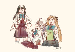  3girls akigumo_(kancolle) akigumo_kai_ni_(kancolle) asashimo_(kancolle) asashimo_kai_ni_(kancolle) black_hair blazer brown_hair dress grey_dress grey_hair grin halter_dress halterneck highres jacket kantai_collection kuragare long_hair multicolored_hair multiple_girls naganami_(kancolle) naganami_kai_ni_(kancolle) pink_hair ponytail purple_dress sharp_teeth signature simple_background sketch_book smile teeth two-tone_hair wavy_hair white_background white_jacket 
