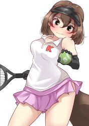  1girl ball bare_shoulders black_gloves black_visor blush brown_eyes brown_hair collarbone collared_shirt cowboy_shot elbow_gloves embarrassed gloves hair_between_eyes highres holding holding_ball japari_symbol kemono_friends looking_at_viewer pink_skirt platypus_(kemono_friends) platypus_girl pleated_skirt racket salusuveli shirt short_hair sidelocks skirt sleeveless solo sportswear tennis_ball tennis_racket tennis_uniform visor_cap white_shirt 