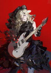 1girl animal_ears arknights ascot bang_dream! bang_dream!_it's_mygo!!!!! bare_shoulders black_ascot black_dress black_hat blonde_hair crinoline dog_ears dog_girl doloris_(bang_dream!) dress feet_out_of_frame frilled_dress frills guitar hat highres holding holding_guitar holding_instrument instrument kei_(eyan-jing) looking_at_viewer medium_hair misumi_uika misumi_uika_(caged_singer) music open_mouth playing_guitar playing_instrument red_background solo standing violet_eyes 