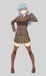 1girl aqua_eyes aqua_hair ascot blazer breasts brown_legwear brown_shoes brown_skirt buttons female full_body grey_background hair_ornament hair_tousle hairclip hand_on_hip ishii_hisao jacket kantai_collection loafers long_hair long_sleeves medium_breasts pleated_skirt school_uniform shoes simple_background skirt smile solo standing suzuya_(kantai_collection) thigh-highs zettai_ryouiki 