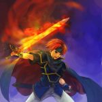  1boy armor blue_eyes cape fighting_stance fingerless_gloves fire fire_emblem fire_emblem:_fuuin_no_tsurugi flaming_sword gloves headband holding_weapon kaito_(sawayakasawaday) redhead roy_(fire_emblem) short_sleeves smile solo sword weapon 