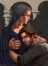  2boys arcane:_league_of_legends arcane_jayce arms_around_back beard blonde_hair blue_cloak brown_eyes brown_hair clenched_teeth cloak closed_eyes distortion ecler_ecler facial_hair hand_on_another&#039;s_neck highres hood hood_up hug jayce_(league_of_legends) league_of_legends male_focus messy_hair multiple_boys teeth viktor_(arcane) viktor_(league_of_legends) 