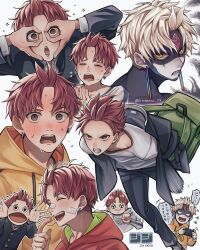  +++ 1boy backpack bag bandaid bandaid_on_cheek bandaid_on_face bandaid_on_nose black_jacket black_pants blush character_name commentary_request dandadan earrings enjoji_jin evil_eye_(dandadan) full-face_blush gakuran highres hitonatsu_172 holding hood hood_down hoodie jacket jewelry male_focus multiple_expressions multiple_views nervous_sweating open_mouth pants possessed red_hair running school_uniform serious shirt short_hair smile sweat third_eye twitter_username upper_body white_hair white_shirt yellow_hoodie 