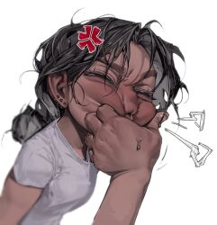  1girl anger_vein black_hair cheek_squash dark-skinned_female dark_skin ear_piercing eyelashes highres original piercing shirt solo_focus squinting t-shirt tto_ja white_background white_shirt 