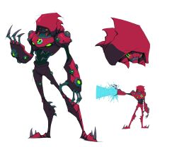  1boy absurdres alien armor ben_10 ben_10:_omniverse claws english_commentary glowing glowing_eyes helmet highres hood hydrokinesis kirart1310 multiple_views omnitrix red_armor reference_sheet science_fiction standing water waterhazard_(ben_10) white_background 