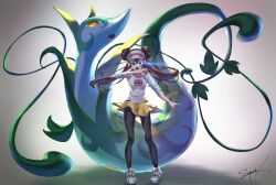  1girl absurdres akiwashi black_pantyhose blue_eyes bright_pupils brown_hair commentary_request double_bun floating_hair glowing glowing_eyes hair_bun hand_up highres holding holding_poke_ball long_hair looking_at_viewer open_mouth pantyhose pink_socks poke_ball poke_ball_(basic) pokemon pokemon_(creature) pokemon_bw2 raglan_sleeves rosa_(pokemon) serperior shirt shoes shorts signature socks standing three-quarter_sleeves twintails visor_cap yellow_shorts 