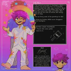  2023 2boys alternate_costume alternate_eye_color alternate_hair_color alternate_universe antenna_hair artist_name barefoot blue_sweater bright_pupils character_name double-parted_bangs dual_persona english_text full_body grey_pants hair_between_eyes hero_(faraway)_(omori) hero_(headspace)_(omori) hero_(omori) highres holding holding_paintbrush long_sleeves looking_at_viewer madnopost male_focus multiple_boys omocat_(style) omori one_eye_closed open_mouth paint_on_clothes paint_on_hands paint_splatter paint_splatter_on_face paintbrush pajamas pants purple_hair short_hair smile striped_clothes striped_pajamas striped_pants sweater teeth tongue upper_teeth_only vertical-striped_clothes vertical-striped_pajamas vertical-striped_pants violet_eyes white_pupils 