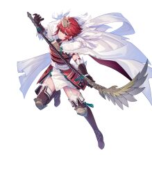  1girl armor boots brown_gloves cape fire_emblem fire_emblem_fates fire_emblem_heroes garter_straps gloves highres hinoka_(fire_emblem) hinoka_(warrior_of_gusto)_(fire_emblem) holding holding_polearm holding_weapon japanese_armor knee_boots looking_at_viewer naginata non-web_source official_alternate_costume official_art polearm red_cape red_eyes red_hair short_hair smile solo tachi-e two-sided_cape two-sided_fabric weapon white_cape 