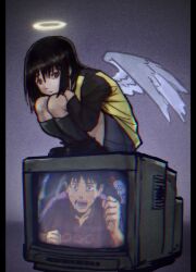  1boy 1girl :| absurdres angel black_border black_hair black_shirt black_shoes black_socks blue_skirt bob_cut border clenched_hands closed_mouth commentary crt curled_up denim denim_skirt expressionless film_grain hair_between_eyes halo hands_on_own_knees highres hikikomori_alien kneehighs long_sleeves looking_at_viewer looking_to_the_side nakahara_misaki nhk_(broadcaster) nhk_ni_youkoso! on_television pillarboxed purple_shirt raglan_sleeves romaji_commentary sanketsu_(user_zxmp2323) satou_tatsuhiro shirt shoes short_hair shouting skirt socks squatting sweat television yellow_shirt 
