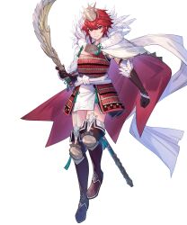  1girl armor boots brown_gloves cape fire_emblem fire_emblem_fates fire_emblem_heroes garter_straps gloves highres hinoka_(fire_emblem) hinoka_(warrior_of_gusto)_(fire_emblem) holding holding_polearm holding_weapon japanese_armor knee_boots looking_at_viewer naginata non-web_source official_alternate_costume official_art polearm red_cape red_eyes red_hair short_hair smile solo tachi-e two-sided_cape two-sided_fabric weapon white_cape 