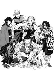  2girls 6+boys animal_around_neck bandage_on_face bandages beads belt blank_eyes buttons cat cattail closed_mouth commentary_request crossed_arms demon_slayer_uniform full_body greyscale haori height_difference highres himejima_gyoumei iguro_obanai japanese_clothes kanroji_mitsuri kimetsu_no_yaiba kochou_shinobu long_hair long_sleeves looking_at_animal medium_hair monochrome multiple_boys multiple_girls ninmari parted_bangs petting plant prayer_beads rengoku_kyoujurou sandals scar scar_on_face scar_on_forehead shinazugawa_sanemi short_hair simple_background smile snake snake_wrapped_around_neck socks squatting standing tokitou_muichirou tomioka_giyuu uzui_tengen veins veiny_arms white_background 