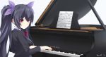  1girl artist_name black_hair blush grand_piano hair_ribbon instrument keenh long_hair looking_at_viewer neptune_(series) noire piano playing_instrument red_eyes ribbon sheet_music smile solo twintails 